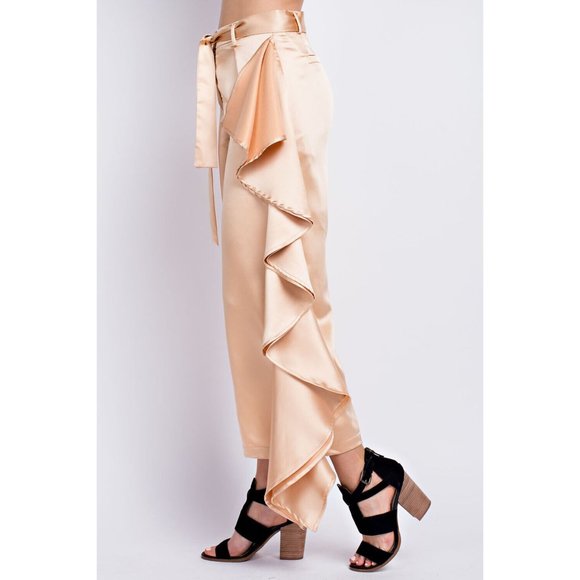 Women's Casual Tie Front Silky Side Ruffle Culottes Wide Leg Pants - Picture 8 of 10